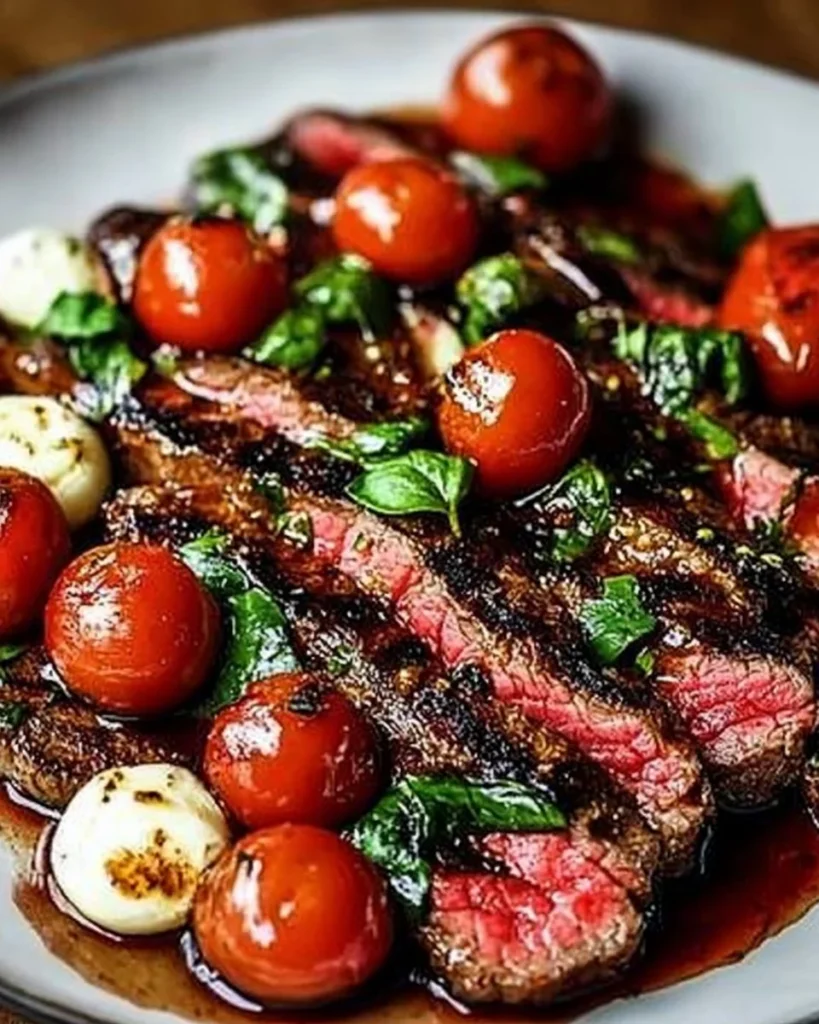 Grilled flank steak caprese salad drizzled with balsamic dressing