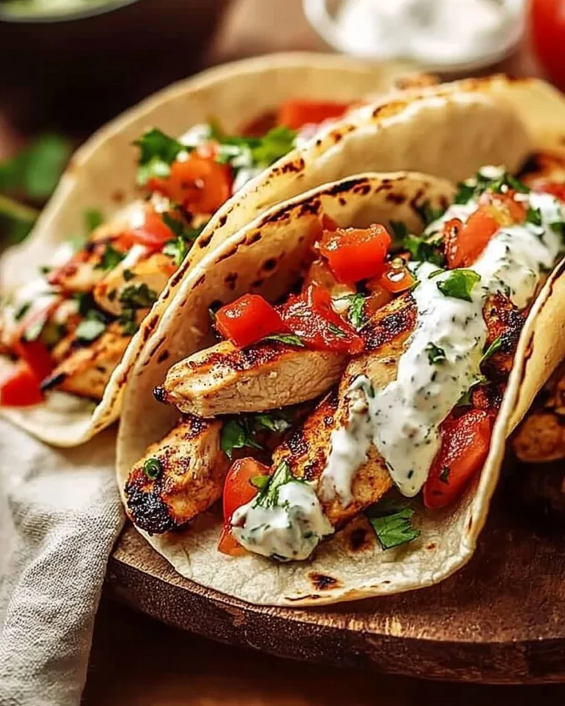 Grilled Mediterranean chicken tacos with fresh toppings and vibrant flavors