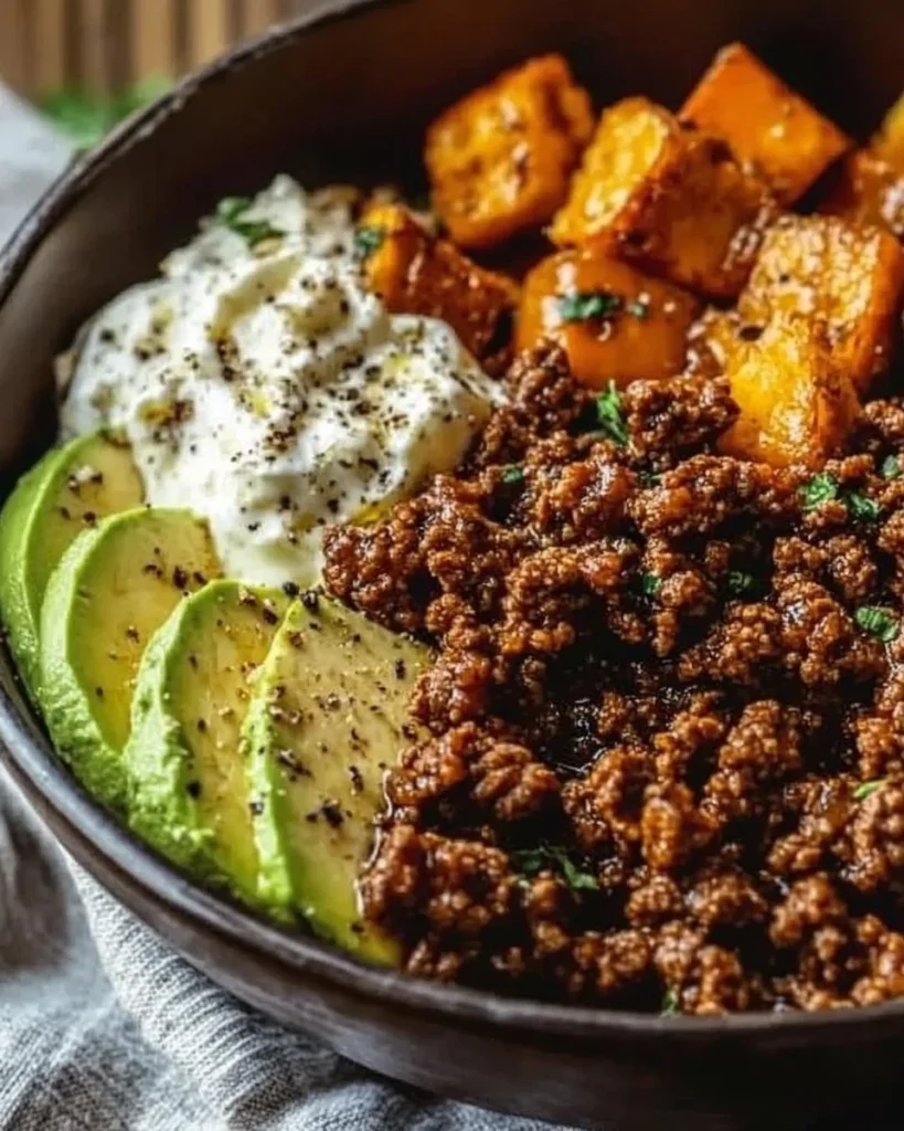 Ground Beef Hot Honey Bowl topped with spicy honey drizzle and garnished with herbs.