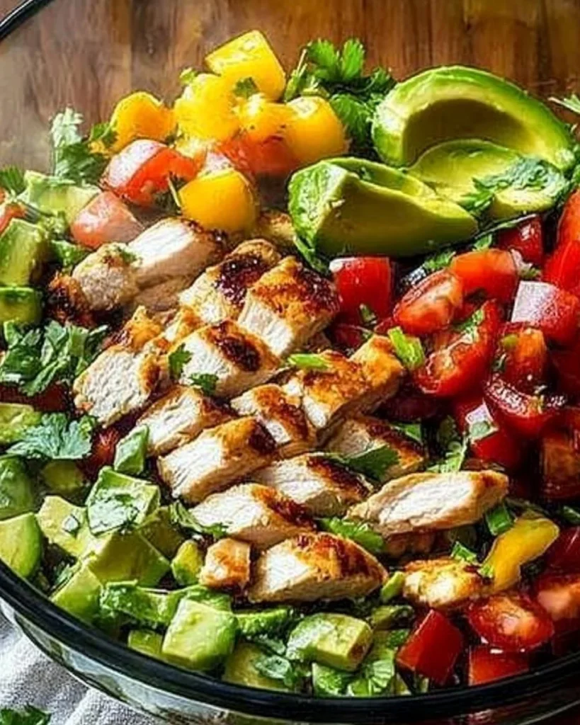 Healthy avocado chicken salad with fresh ingredients and vibrant colors.