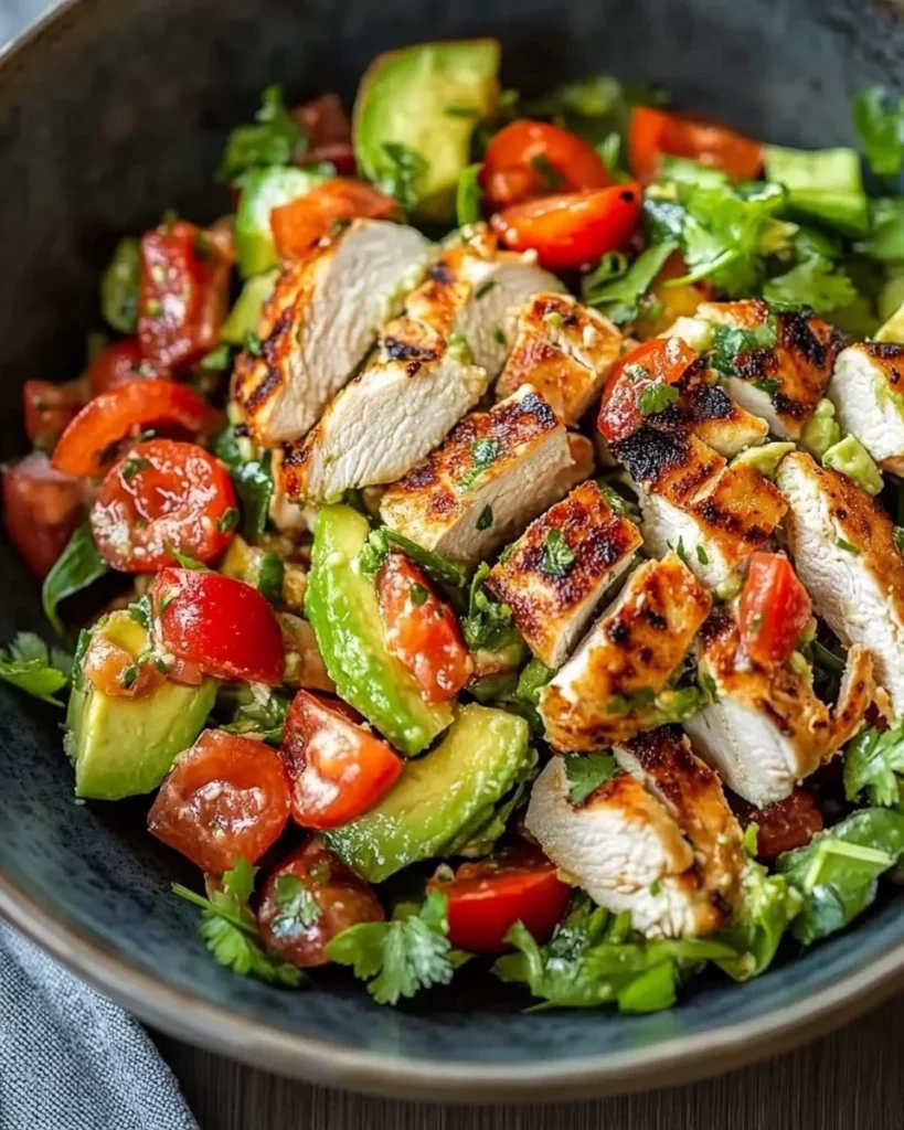 Healthy avocado chicken salad with fresh ingredients served in a bowl