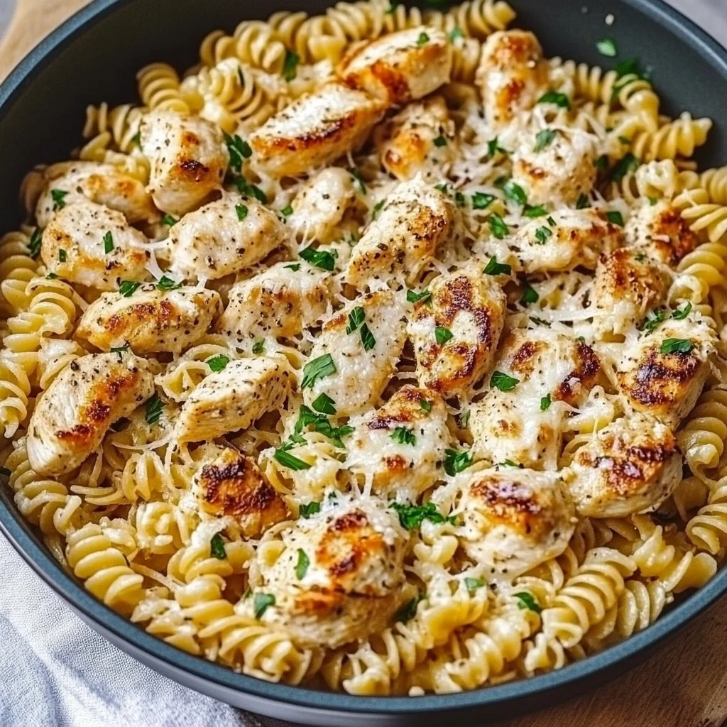 Healthy garlic parmesan chicken pasta dish served with vegetables