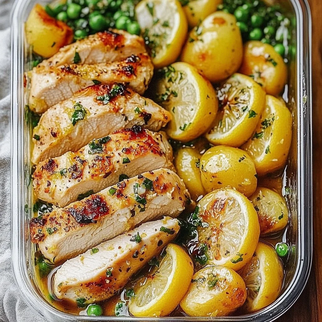 Healthy lemon garlic chicken meal prep bowl with vegetables and rice