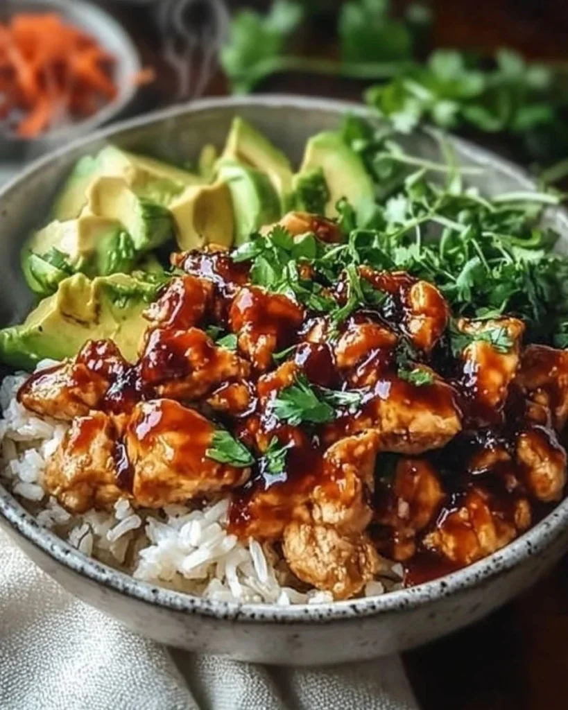 Healthy sticky chicken bowls with vegetables and rice on a plate.