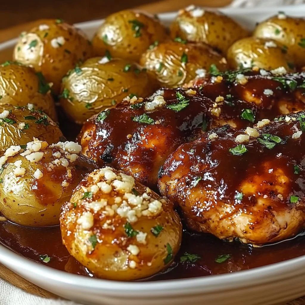 Delicious Honey BBQ Chicken served with Garlic Parmesan Potatoes on a plate