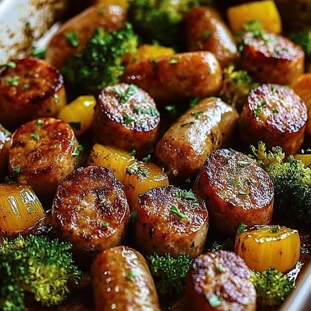 Honey garlic sausage sheet pan dinner with vegetables, easy family meal