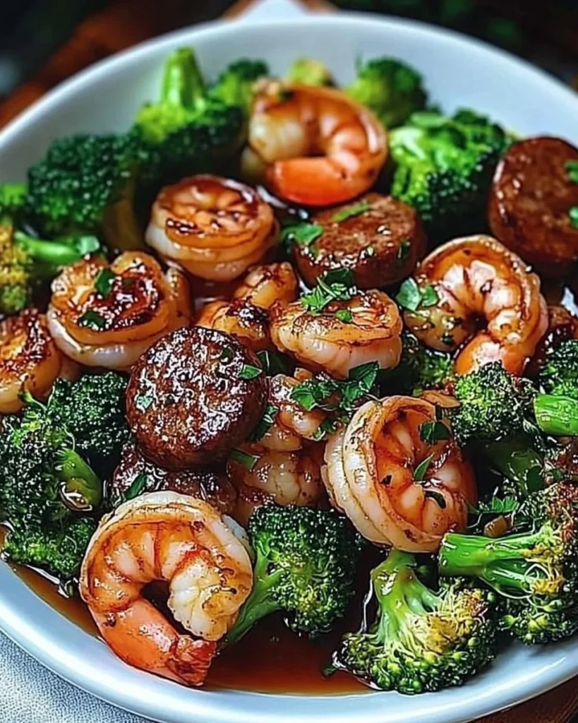 Honey Garlic Shrimp dish with sausage and broccoli on a plate
