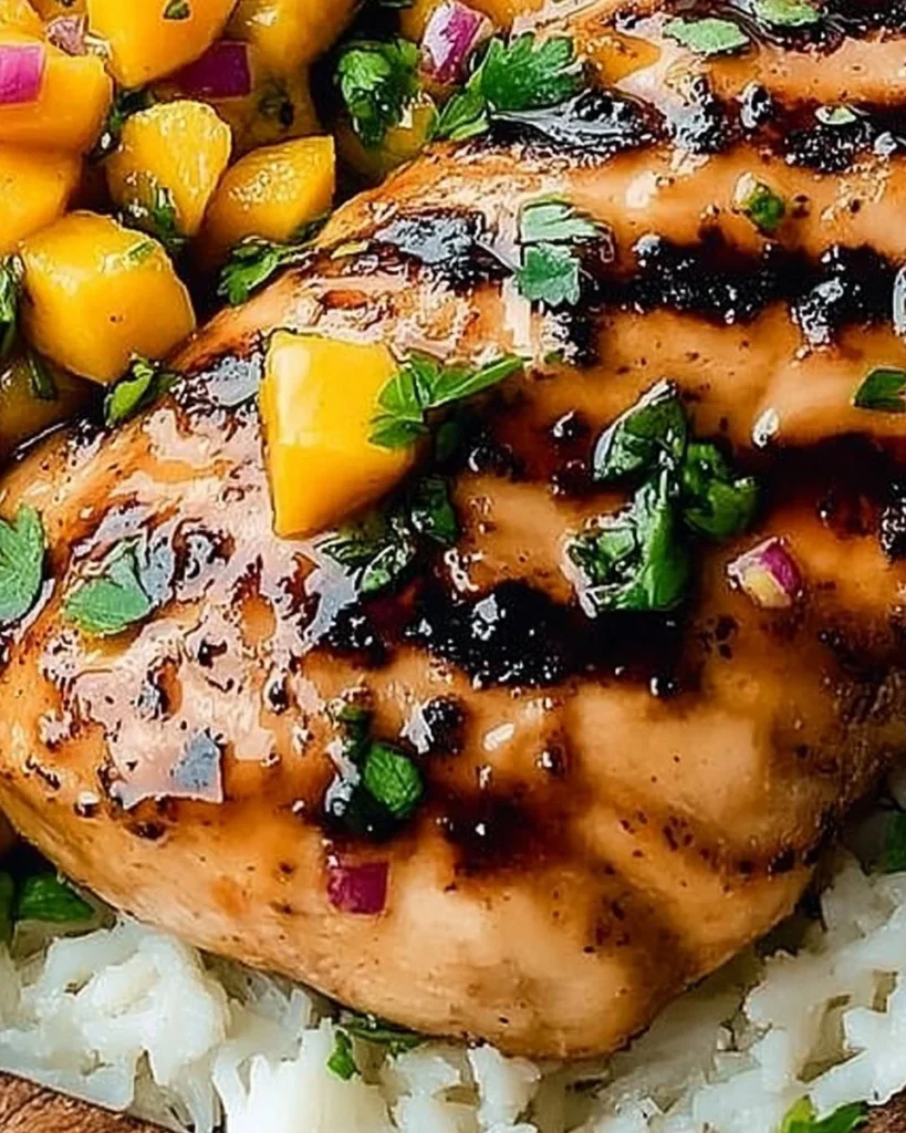 Grilled Honey Lime Chicken topped with vibrant Mango Salsa