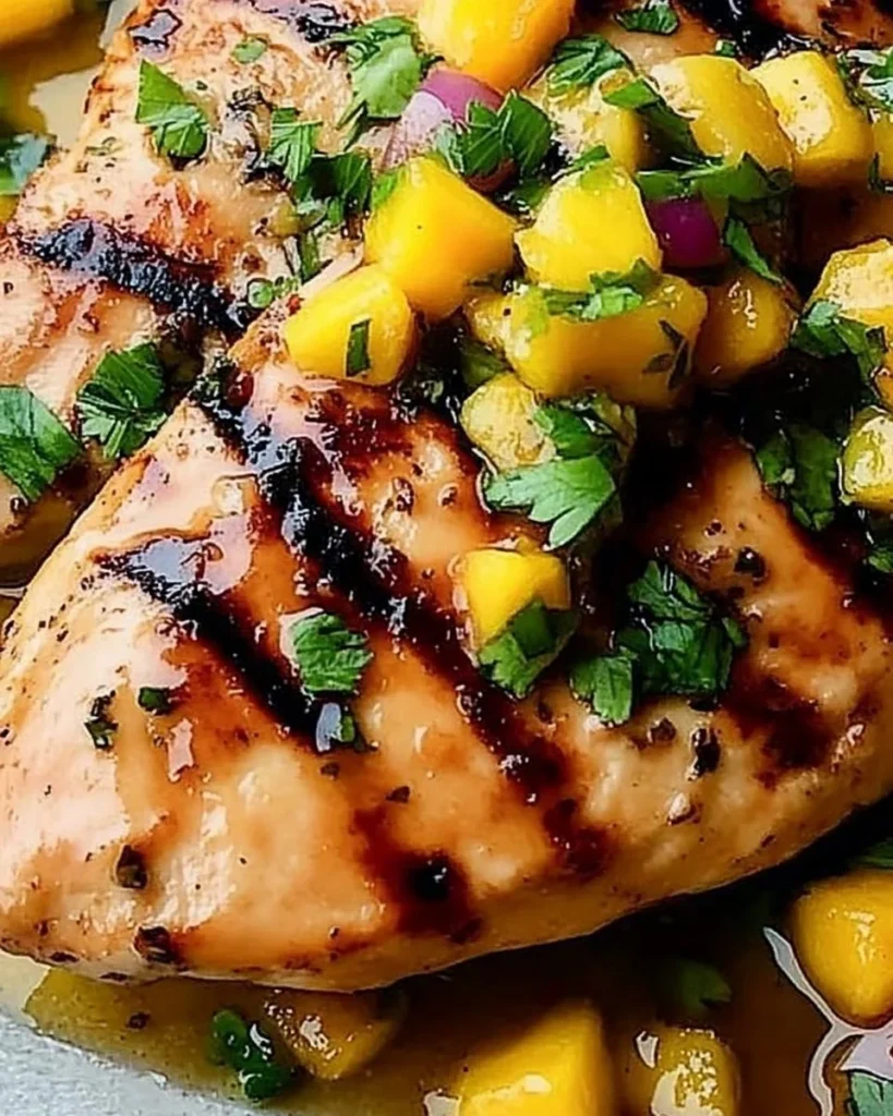 Honey Lime Chicken garnished with fresh mango salsa