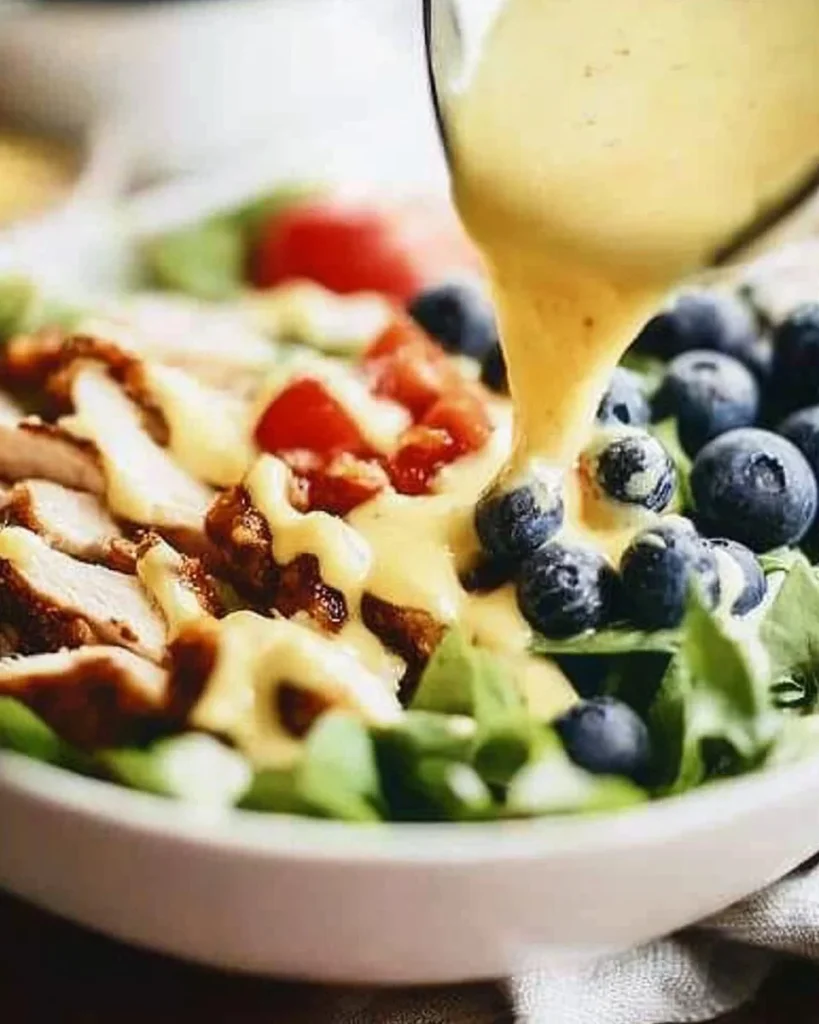 Delicious Honey Mustard Chicken Salad with fresh greens and dressing