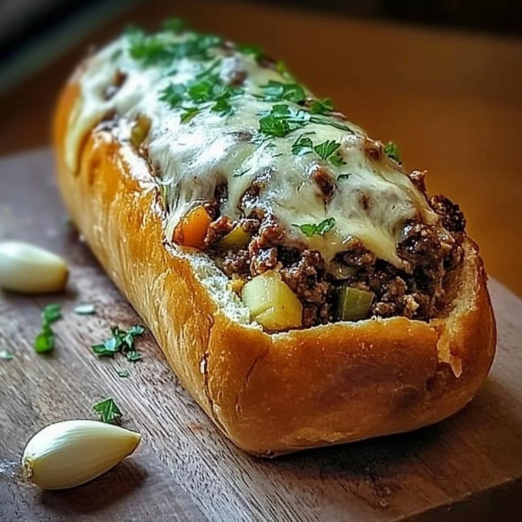 Cheesesteak loaf stuffed with garlic and cheese, delicious and hearty
