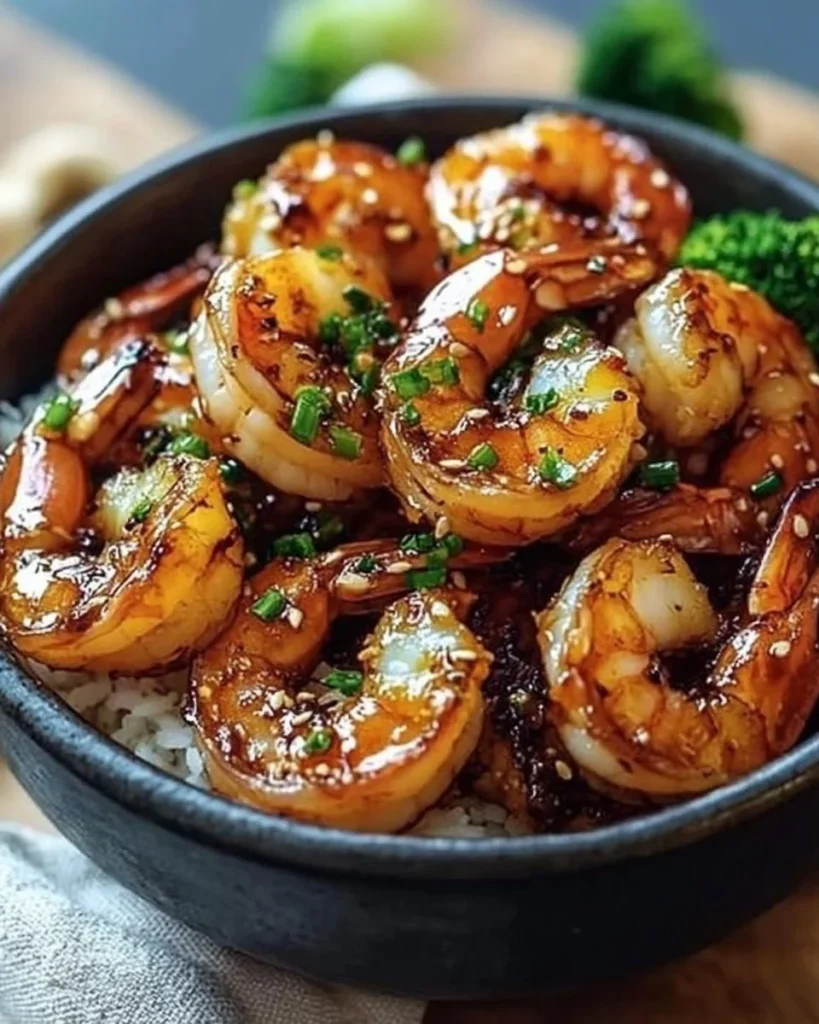 Delicious honey garlic shrimp bowl garnished with green onions and sesame seeds
