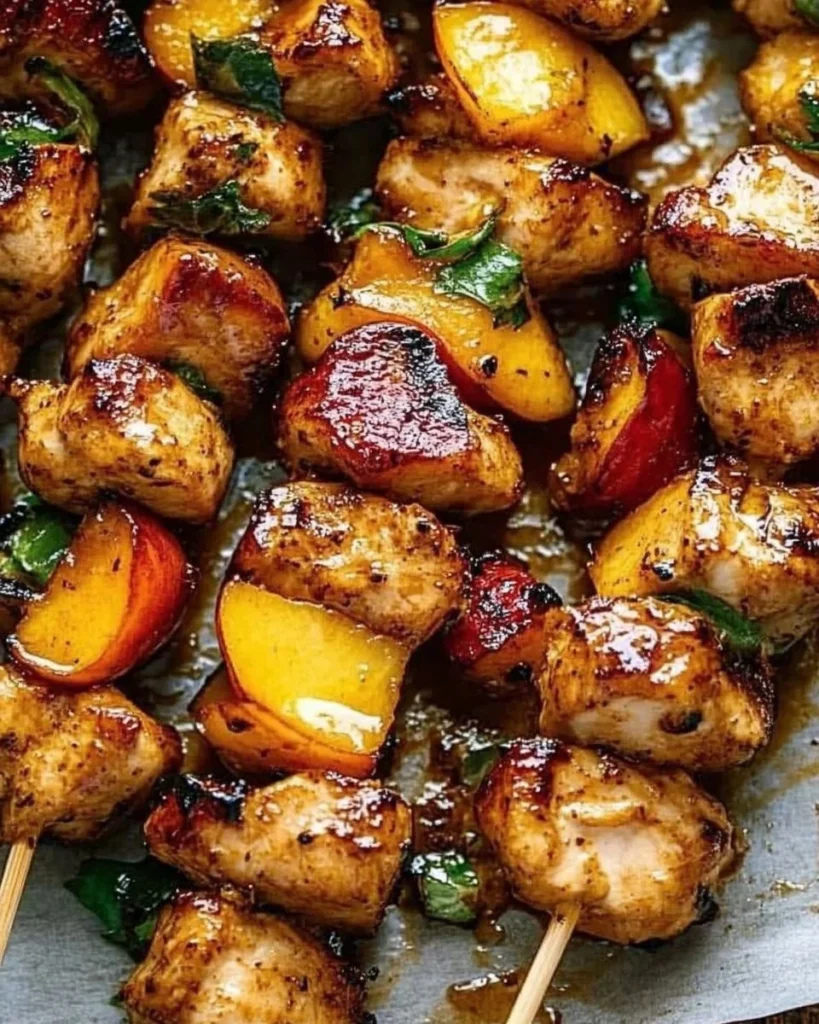 Jalapeño Peach Chicken Skewers grilled to perfection with vibrant colors.