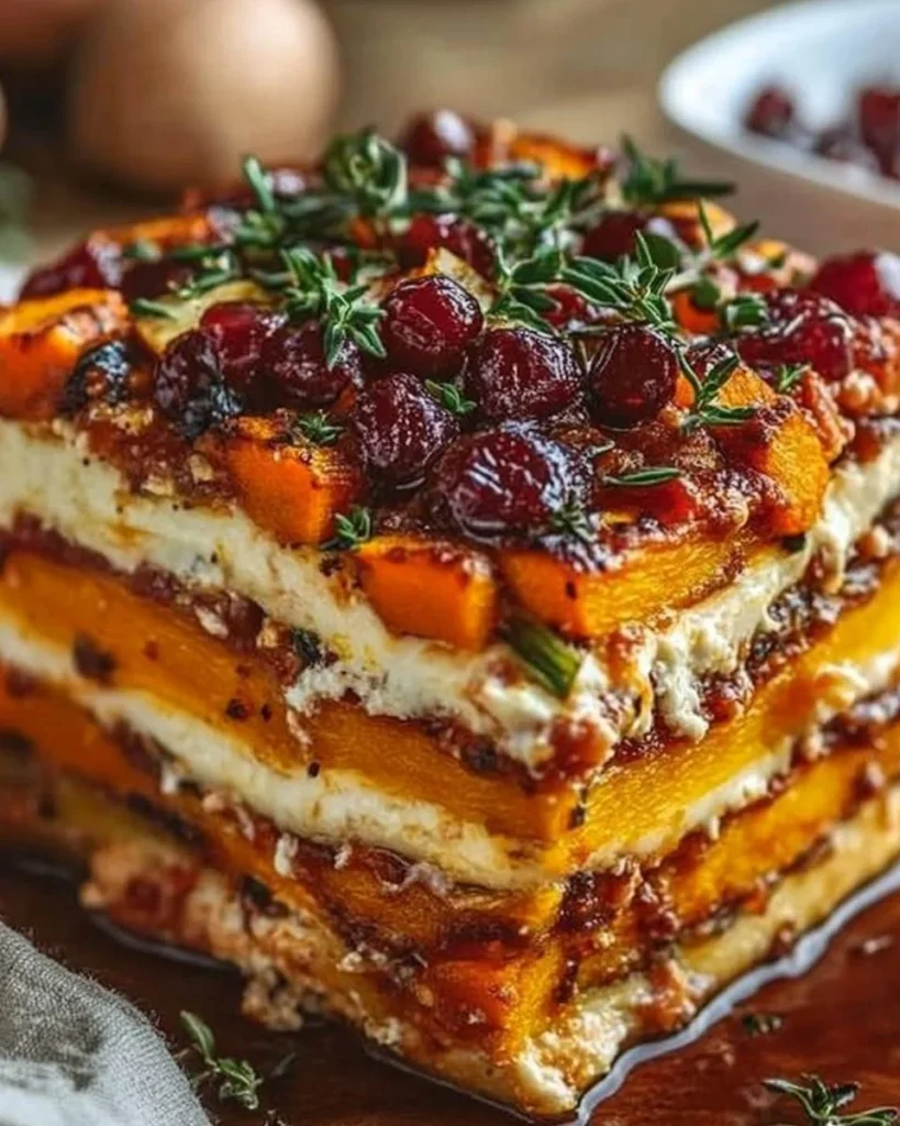 Layered sweet potato veggie lasagna with colorful vegetables and cheese