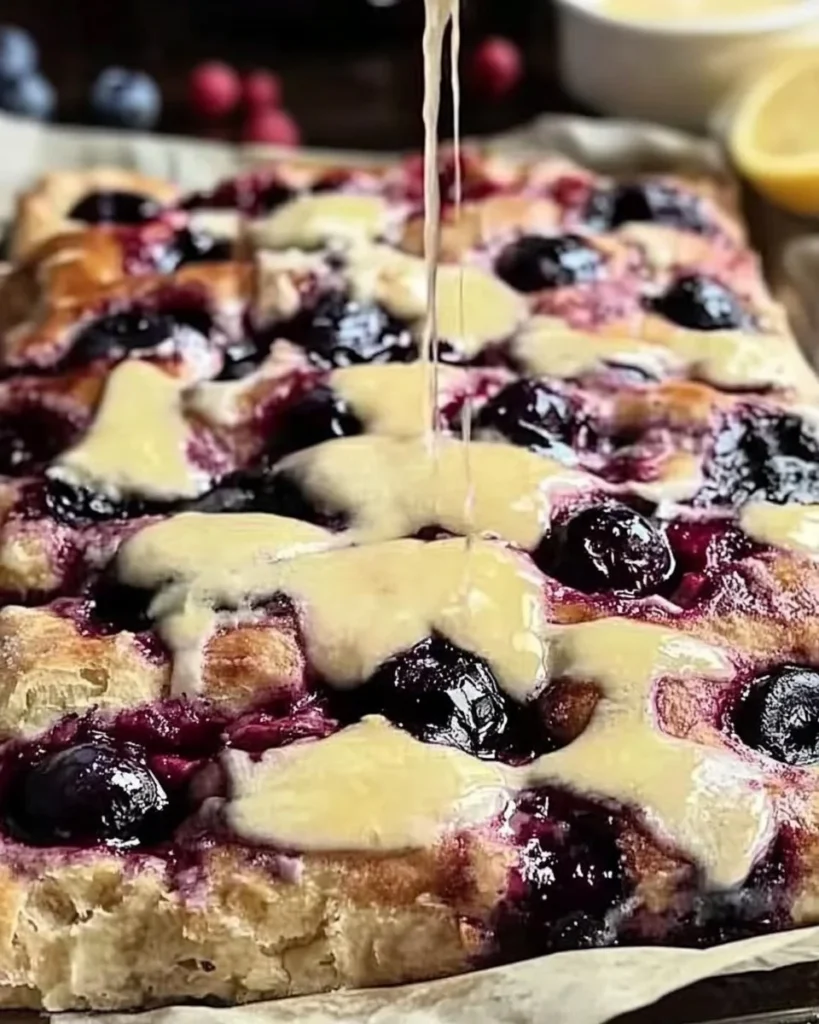 Lemon Blueberry Sourdough Focaccia, a vibrant and flavorful bread topped with lemon and blueberries