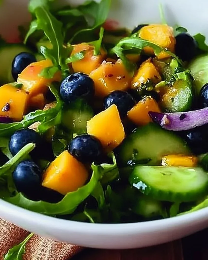 Mango Cucumber Salad with Blueberries and Avocado served in a bowl