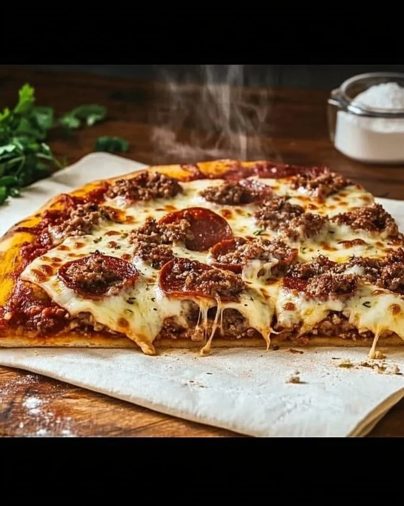 Low carb Meatza pizza with meat crust fresh from the oven