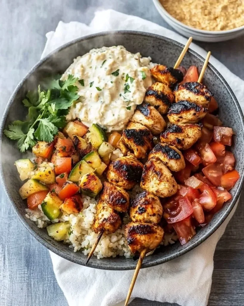 Mediterranean Bowl featuring Grilled Chicken Tawook Skewers and fresh veggies.