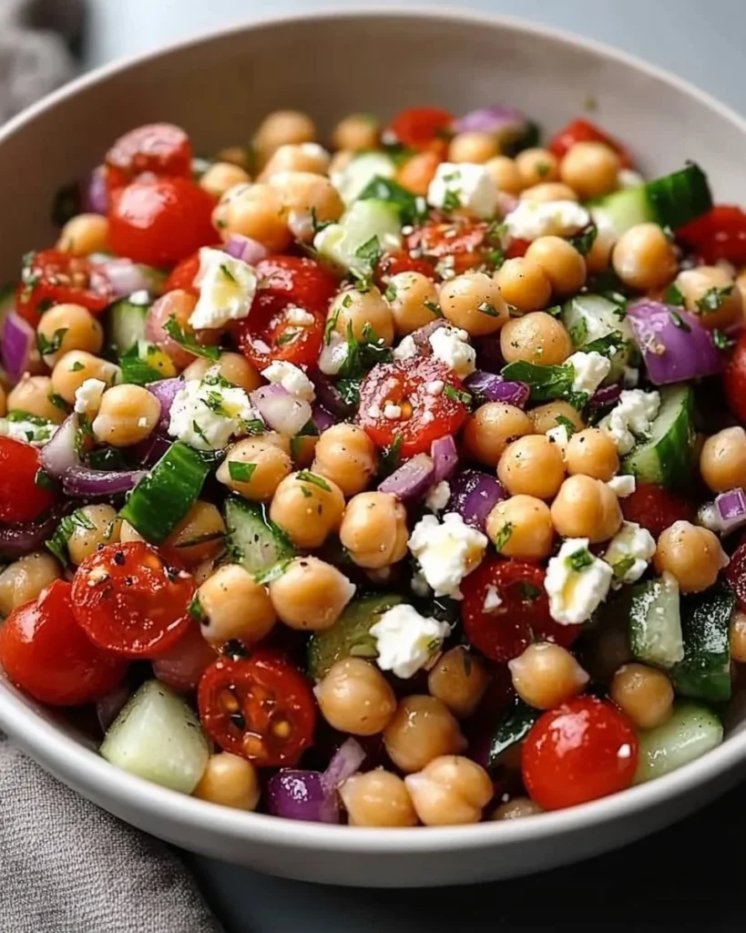 Fresh Mediterranean Chickpea Feta Salad with vibrant vegetables and herbs