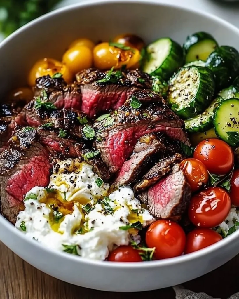 Delicious Mediterranean steak bowl garnished with fresh vegetables and herbs.