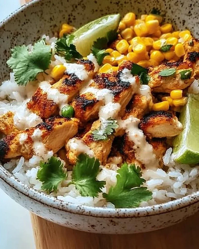 Mexican Street Corn Chicken Rice Bowl with vibrant ingredients and flavors