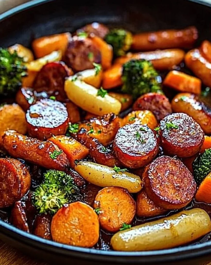One-Pan Honey Garlic Kielbasa with colorful veggies for a tasty dinner