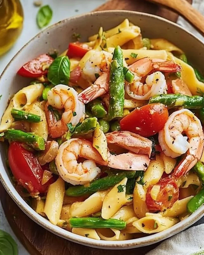 One Pot Shrimp Pasta Primavera with colorful vegetables in a creamy sauce