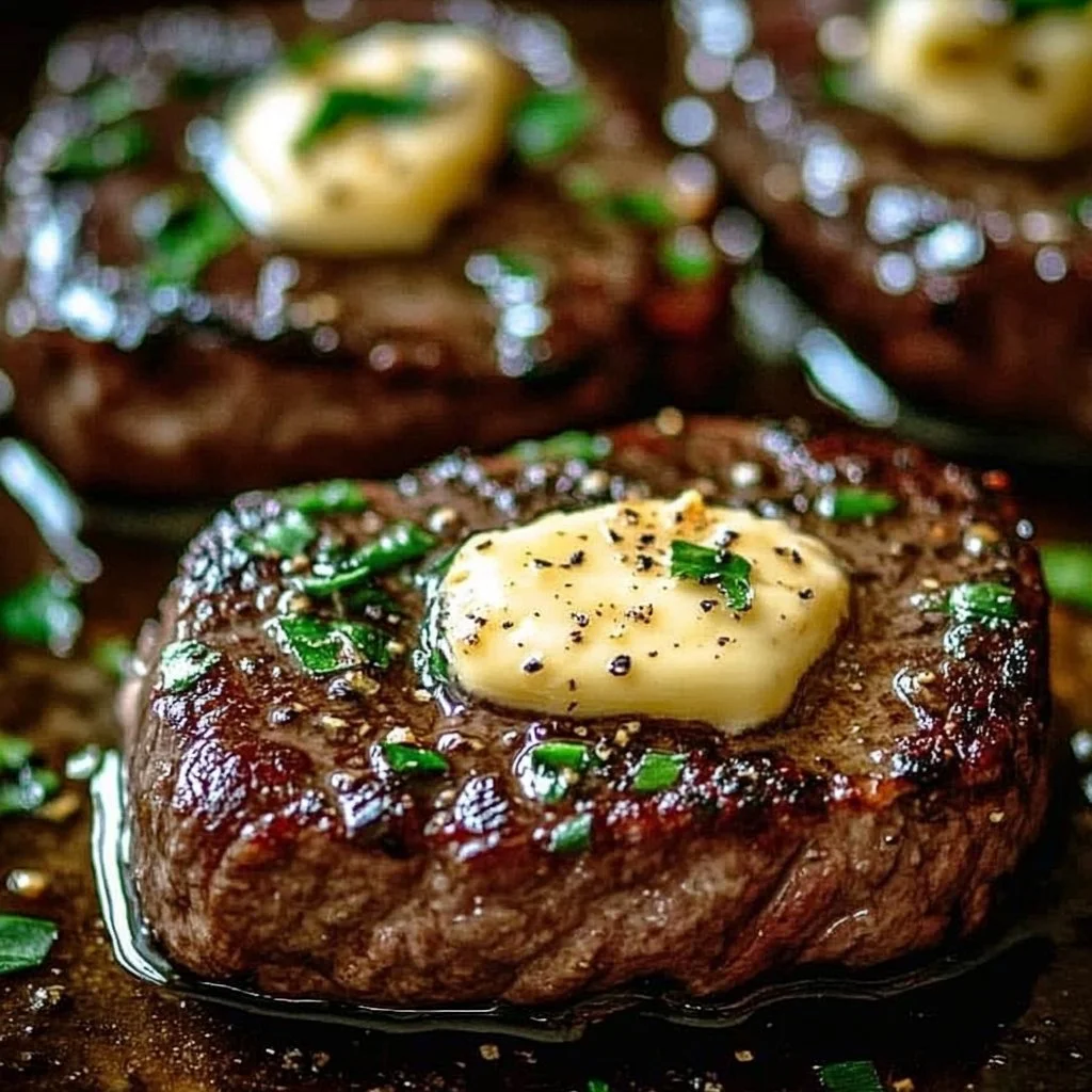 Delicious pan seared steak with garlic butter on a plate