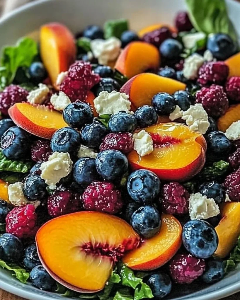 Fresh Peach Blueberry Salad topped with greens and a light dressing.