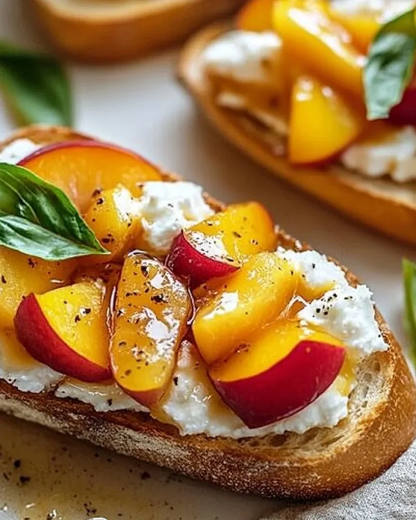 Peach Bruschetta with Goat Cheese and Honey on a serving platter.