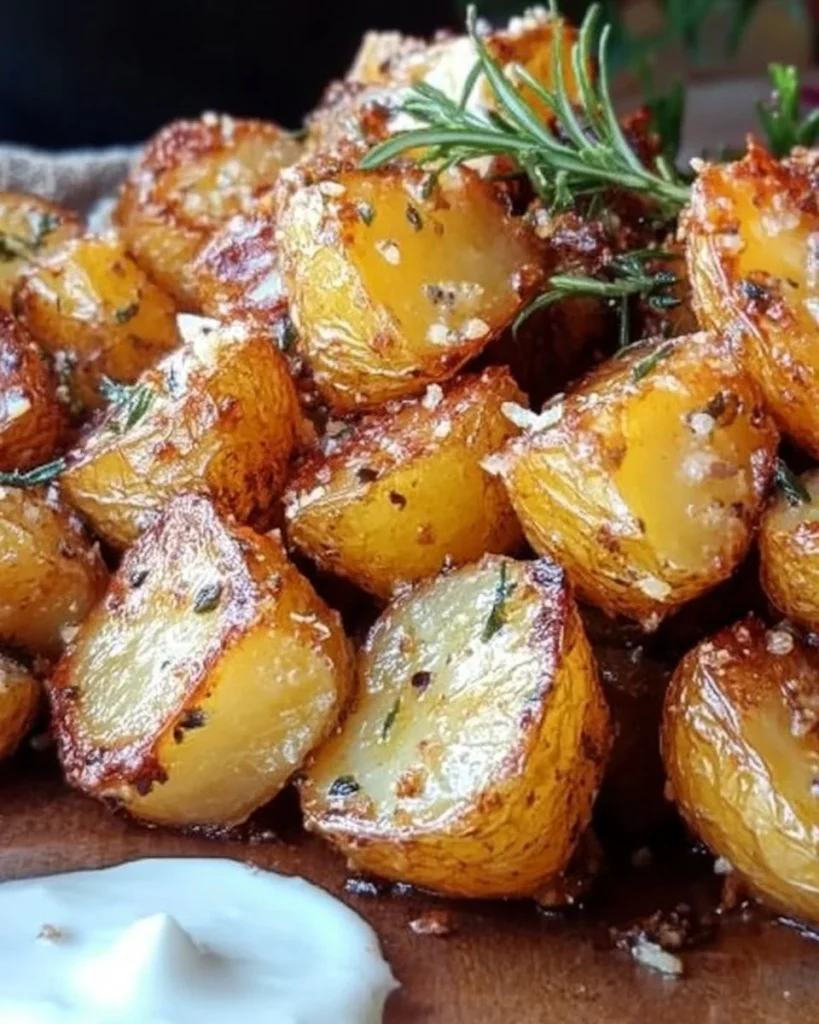 Bowl of Perfect Greek Lemon Potatoes garnished with herbs and lemon.