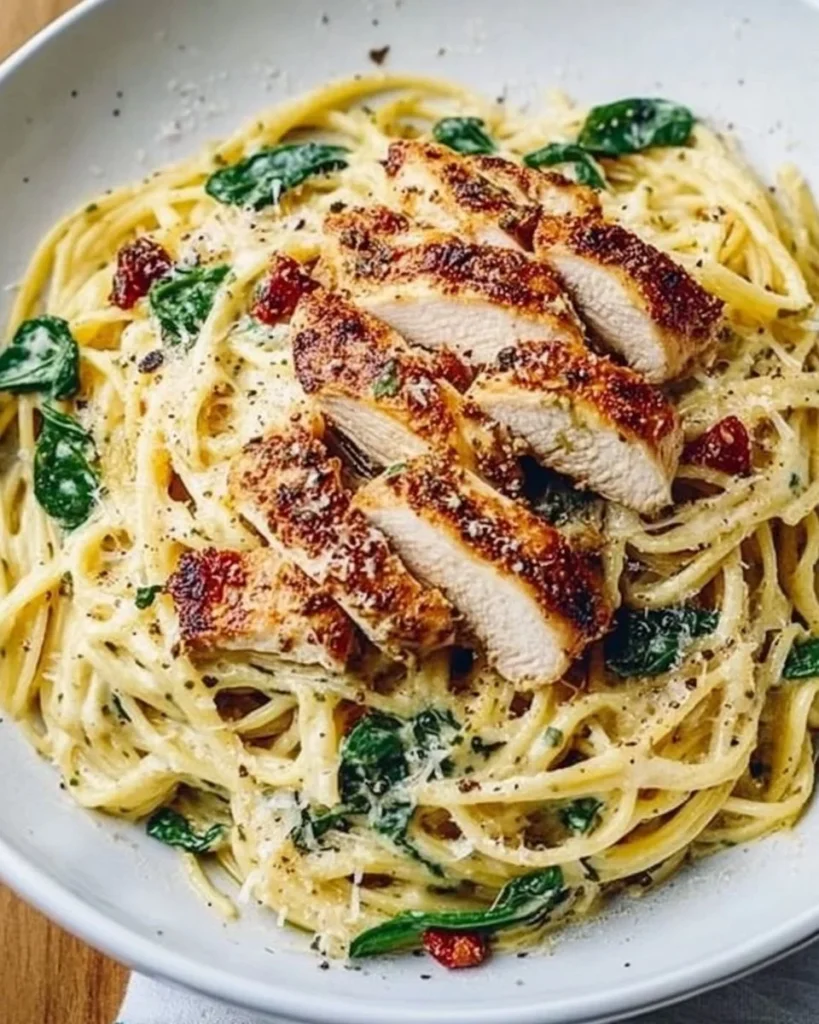 Bowl of pesto pasta with chicken topped with fresh basil
