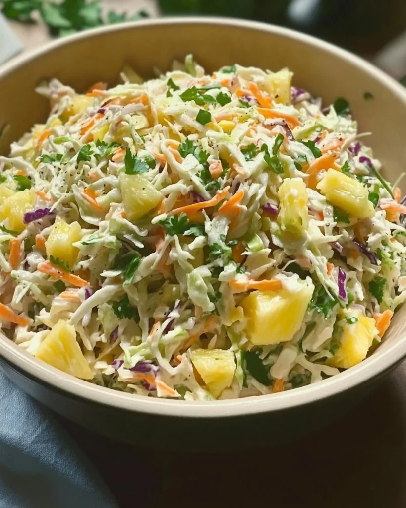 Bowl of fresh Pineapple Coleslaw with vibrant vegetables and tropical flavors