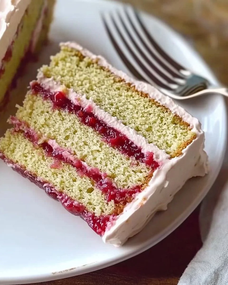 Pistachio Layer Cake with Raspberry Jam and Fresh Raspberry Buttercream