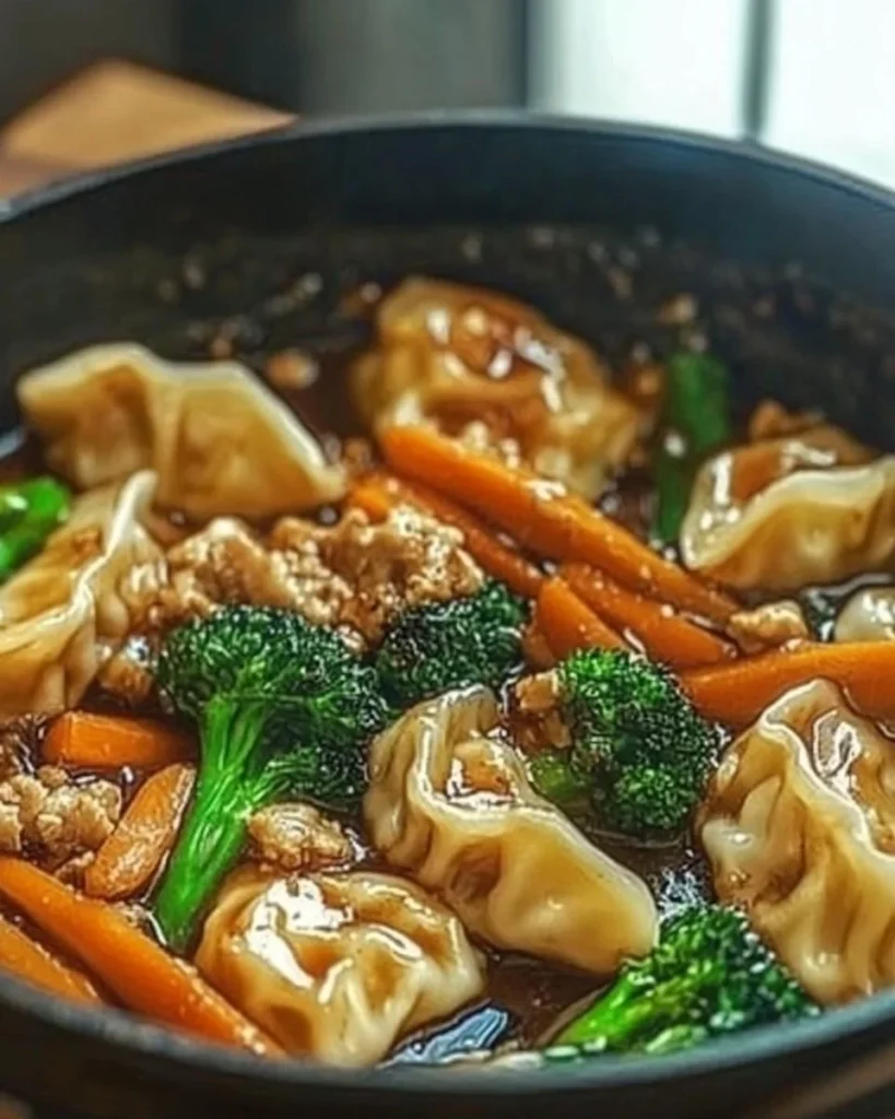 Delicious potsticker stir fry with vegetables and sauce in a vibrant dish