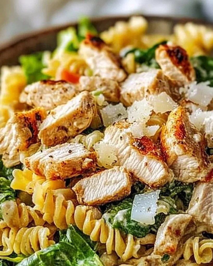 Quick creamy chicken caesar pasta salad served in a bowl with fresh ingredients.