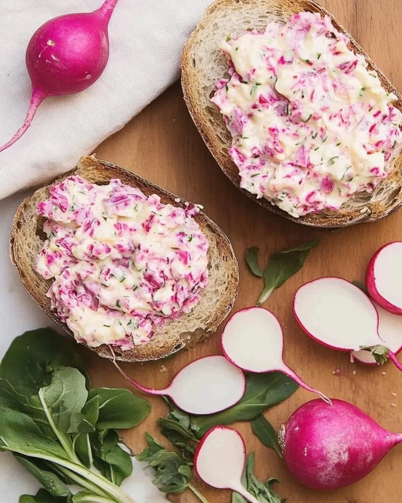 Homemade Radish Butter spread on toast with fresh radishes