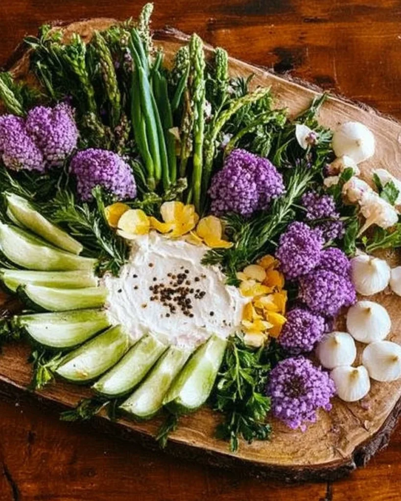 Colorful plate of seasonal spring recipes featuring fresh produce and flowers.