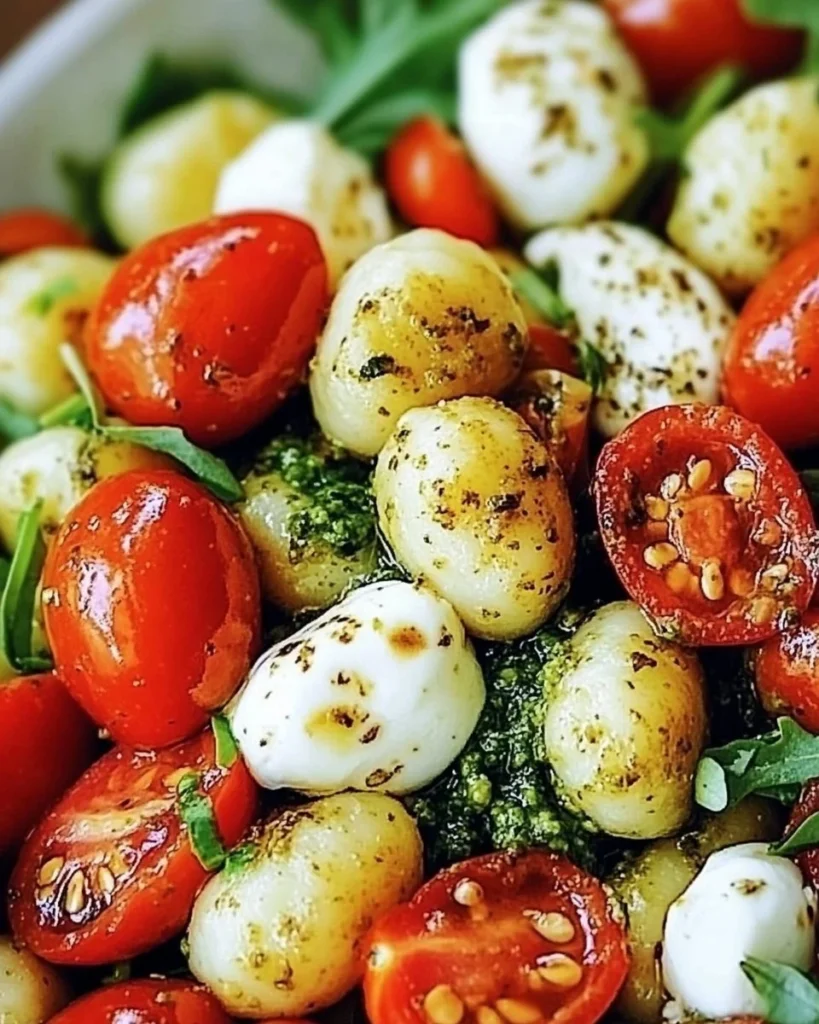 A vibrant roasted gnocchi salad with fresh vegetables and herbs