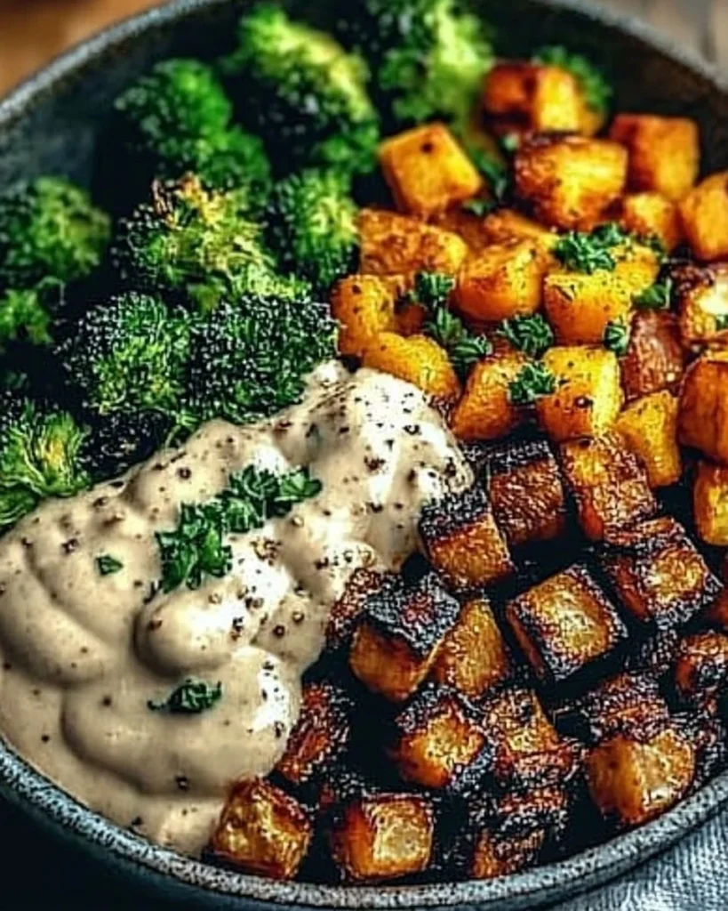 A vibrant roasted veggie bowl filled with colorful vegetables and grains.