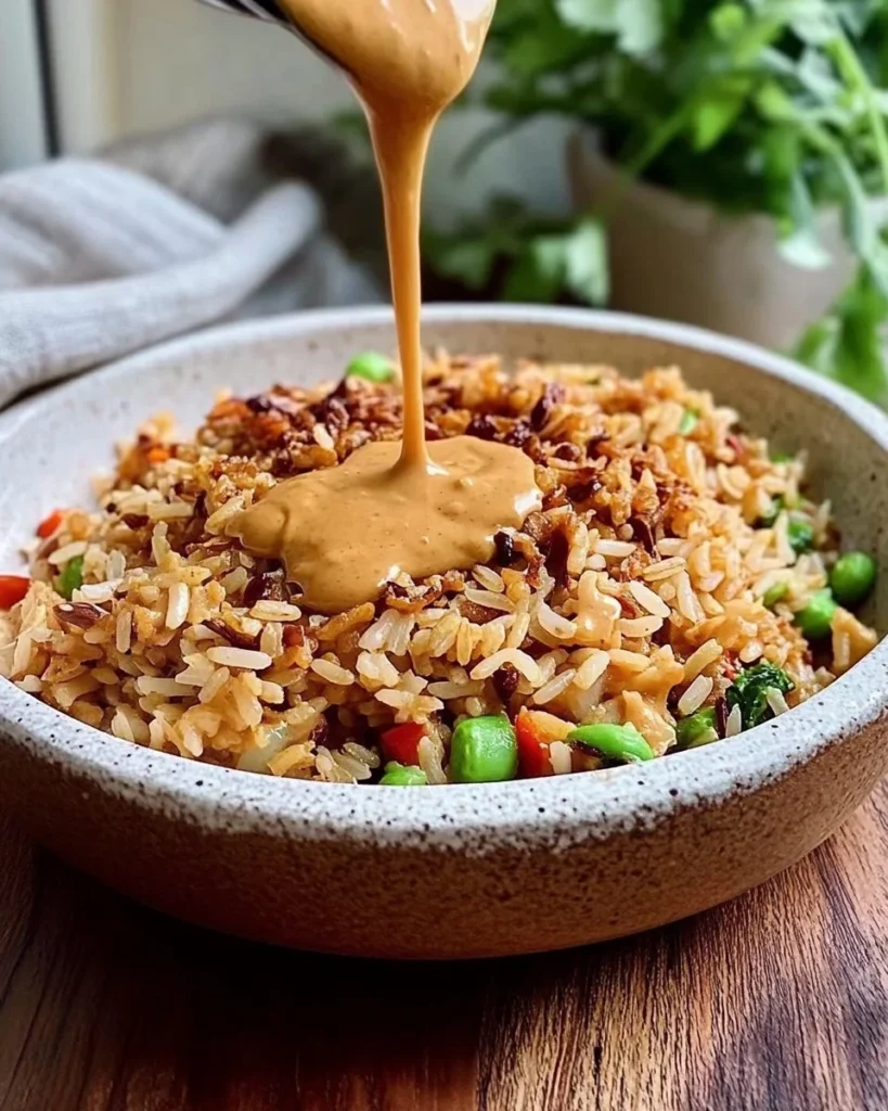 Delicious satay crispy rice salad with vibrant vegetables and spices