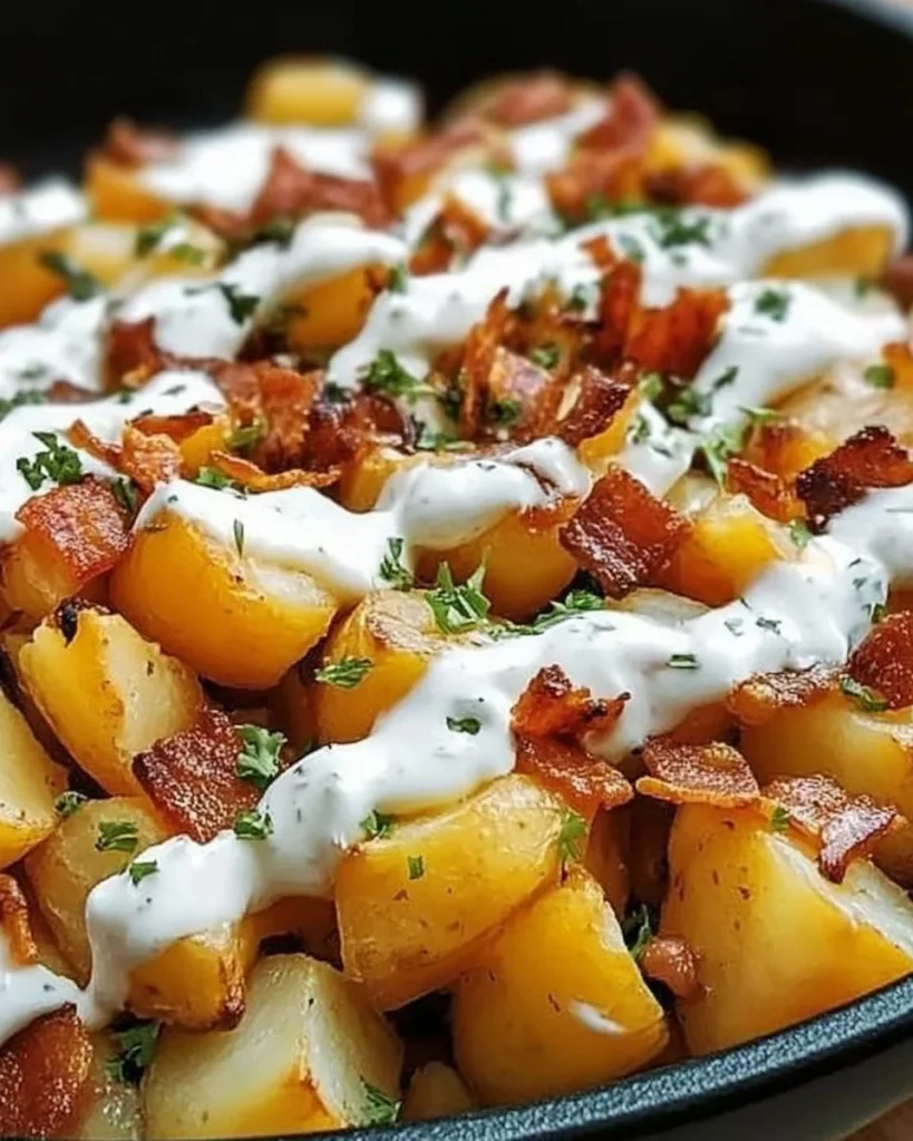 Savory Blackstone loaded potatoes topped with cheese and bacon