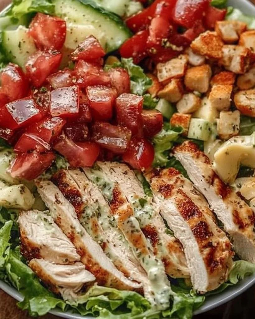 Savory BLT Chicken Salad with bacon, lettuce, and tomatoes on a plate