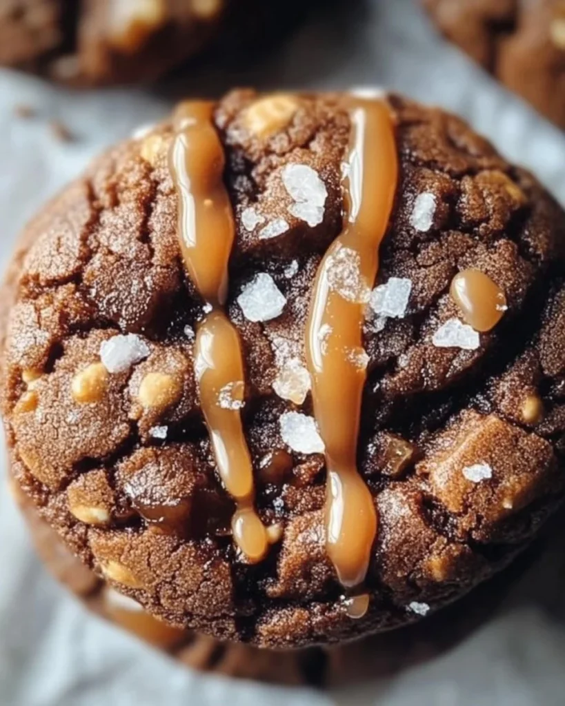 Freshly baked sea salt caramel cookies on a cooling rack