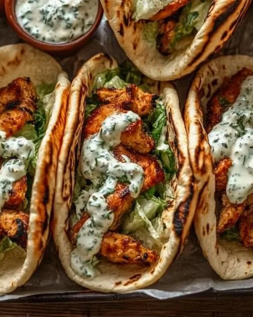 Delicious sheet pan chicken pitas topped with herby ranch dressing.