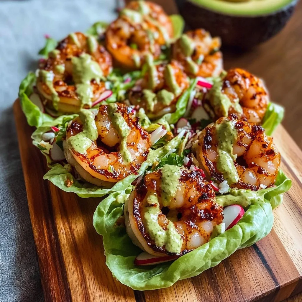 Sheet Pan Chili-Lime Shrimp Lettuce Wraps with Radish Slaw and Avocado Sriracha Crema