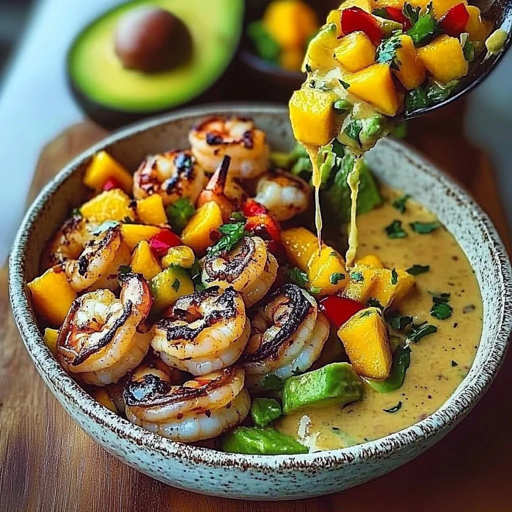 Shrimp avocado bowls topped with mango salsa, a vibrant and healthy dish.