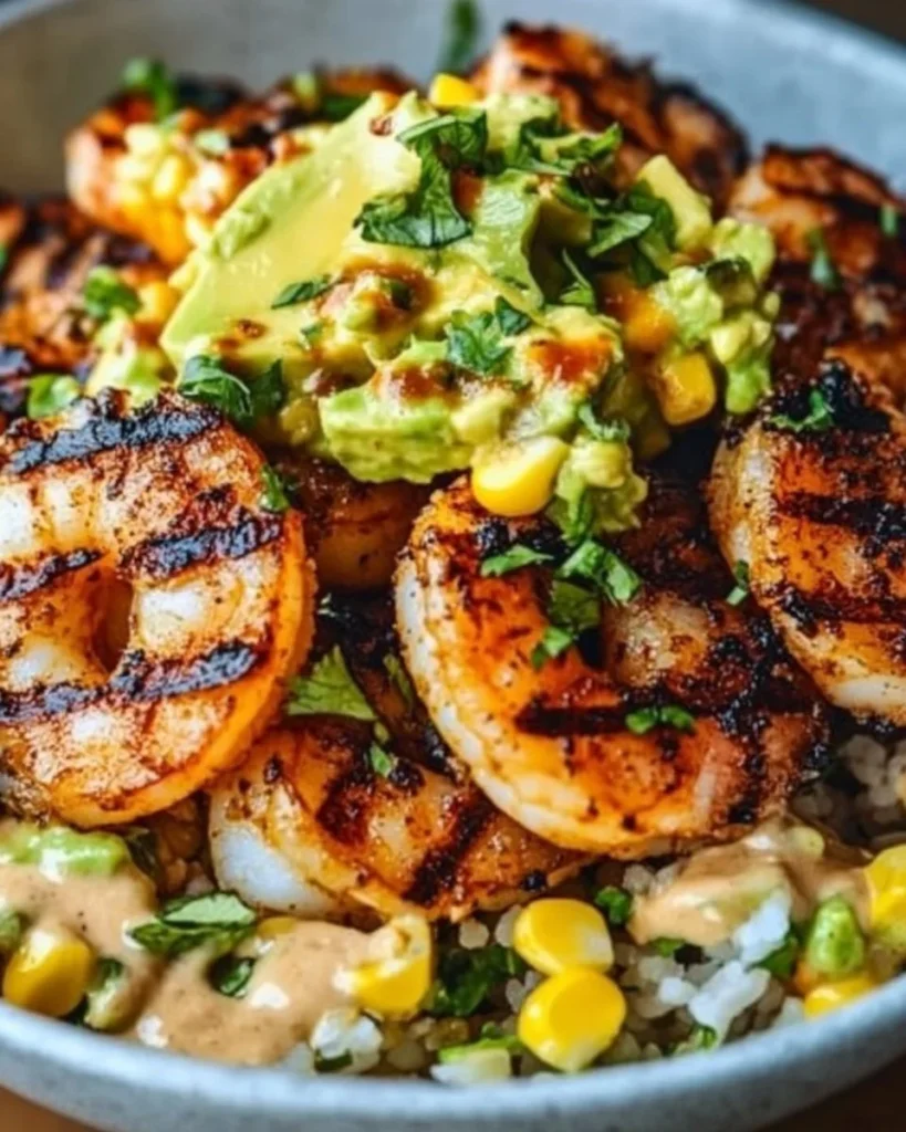 Delicious shrimp bowl featuring fresh shrimp and avocado corn salsa