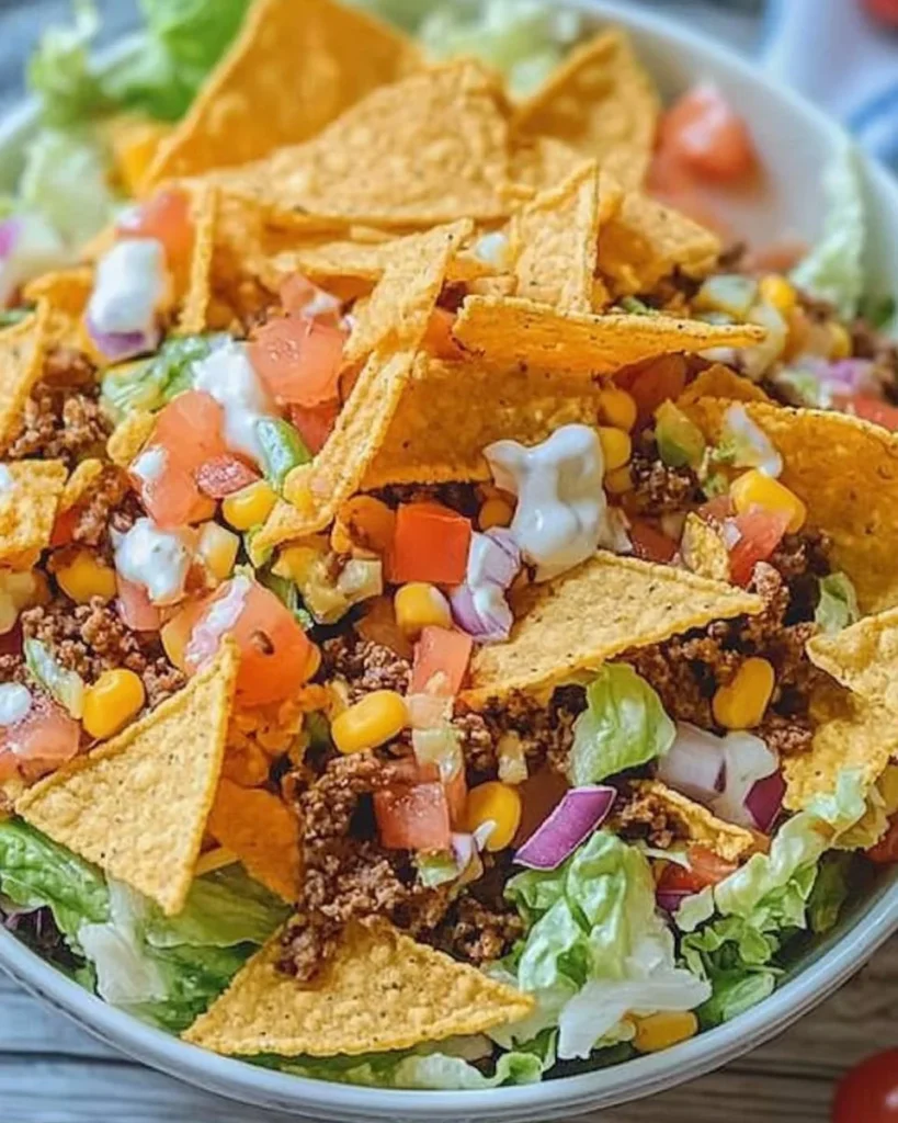 Delicious bowl of Simple Doritos Taco Salad with colorful ingredients