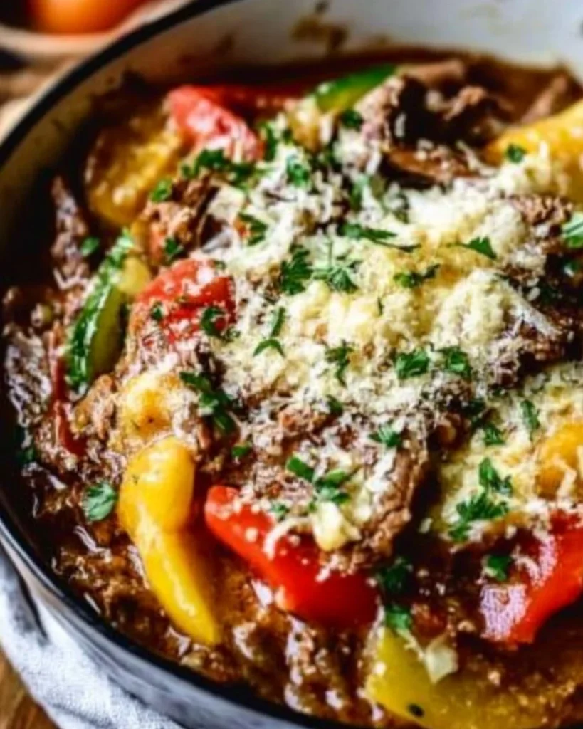 Slow cooked summer beef casserole served in a rustic bowl with fresh herbs